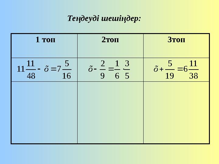 Теңдеуді шешіңдер: 1 топ 2топ 3топ16 5 7 48 11 11   õ 5 3 6 1 9 2    õ 38 11 6 19 5   õ