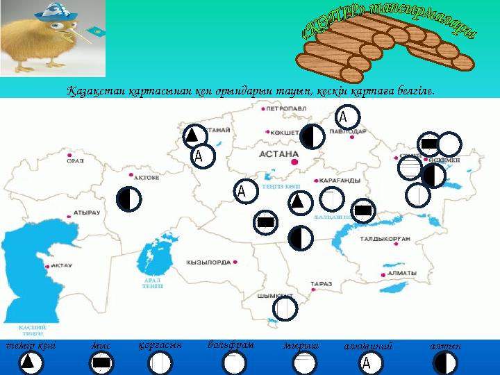 Қазақстан картасынан кен орындарын тауып, кескін картаға белгіле. темір кенімыс қорғасынвольфрам мырыш алюминий алтын