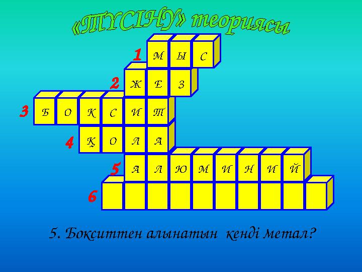 АЛЮМИНИЙ ҚОЛА БОКСИТ ЖЕЗ МЫС 5. Бокситтен алынатын кенді метал? 1 2 3 4 5 6