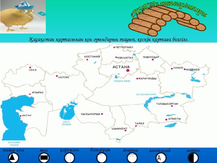 Қазақстан картасынан кен орындарын тауып, кескін картаға белгіле. темір кенімыс қорғасынвольфрам мырыш алюминий алтын