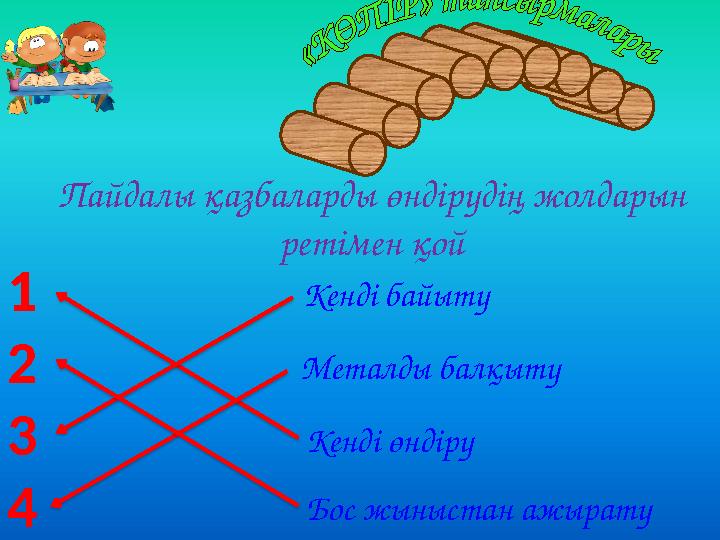 Кенді байыту Пайдалы қазбаларды өндірудің жолдарын ретімен қой Металды балқыту Кенді өндіру Бос жыныстан ажырату 1 2 3 4