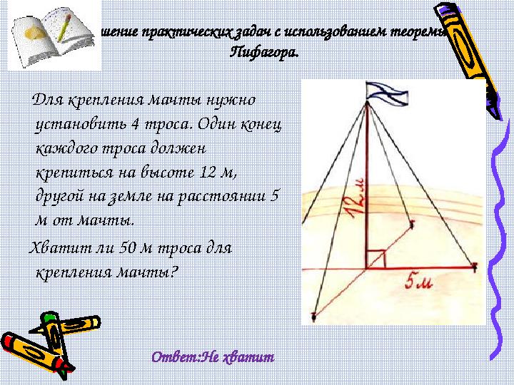 Решение практических задач с использованием теоремы Пифагора. Для крепления мачты нужно установить 4 троса. Один конец ка