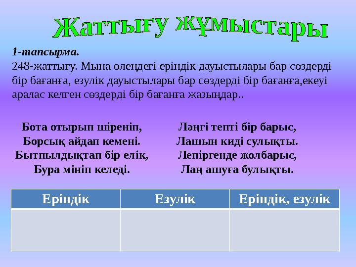 1-тапсырма. 248-жаттығу. Мына өлеңдегі еріндік дауыстылары бар сөздерді бір бағанға, езулік дауыстылары бар сөздерді бір бағанғ
