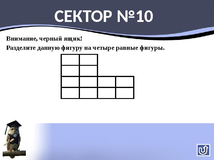 Внимание, черный ящик! Разделите данную фигуру на четыре равные фигуры. СЕКТОР №10