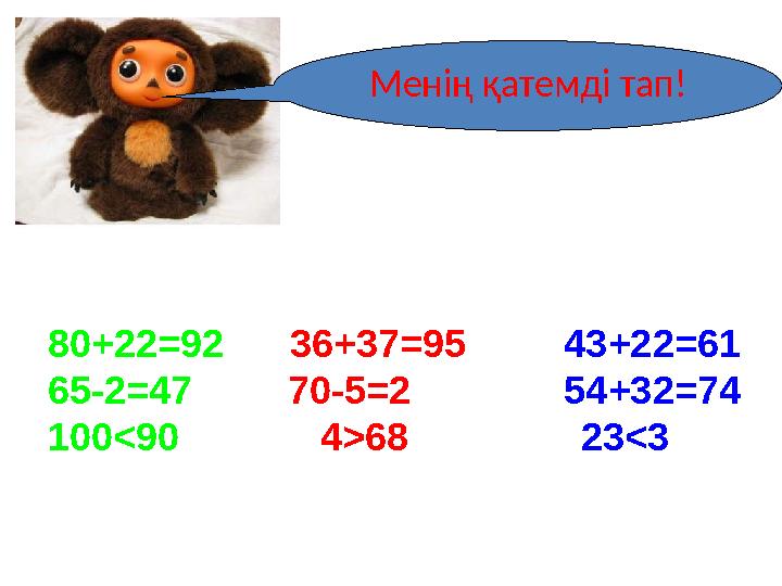 Менің қатемді тап! 80+22=92 36+37=95 43+22=61 65-2=47 70-5=2 54+32=74 100<90 4>68 2