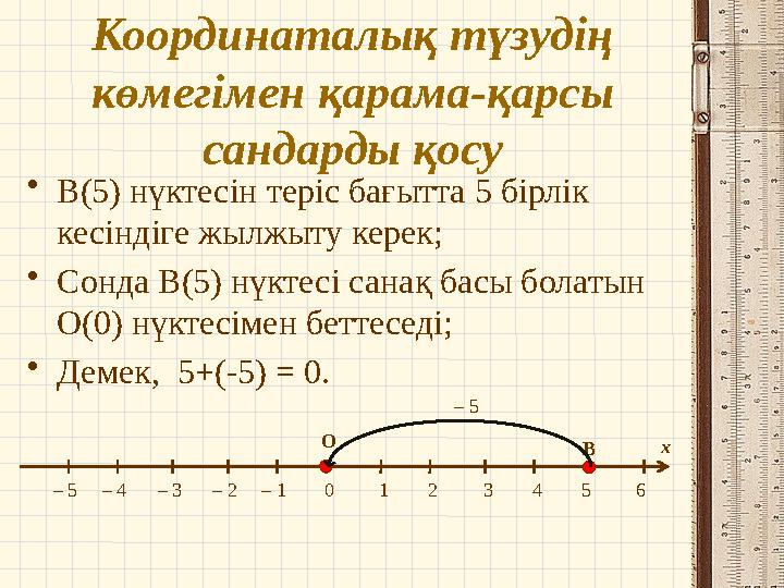 Координаталық түзудің көмегімен қарама-қарсы сандарды қосу •В(5) нүктесін теріс бағытта 5 бірлік кесіндіге жылжыту керек; •Со