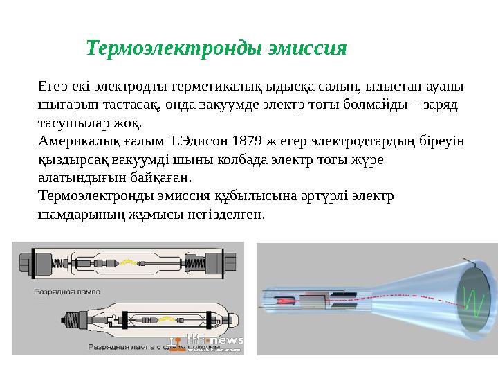 Термоэлектронды эмиссия Егер екі электродты герметикалық ыдысқа салып, ыдыстан ауаны шығарып тастасақ, онда вакуумде электр тог
