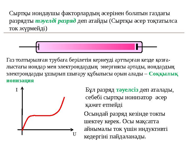 Сыртқы иондаушы факторлардың әсерінен болатын газдағы разрядты тәуелді разряд деп атайды (Сыртқы әсер тоқтатылса ток жүрмейді)