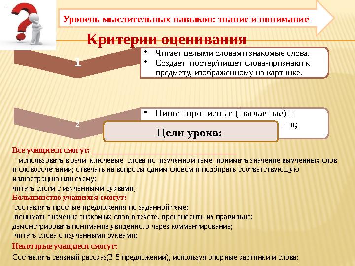 1 •Читает целыми словами знакомые слова. •Создает постер/пишет слова-признаки к предмету, изображенному на картинке. 2 •Пишет