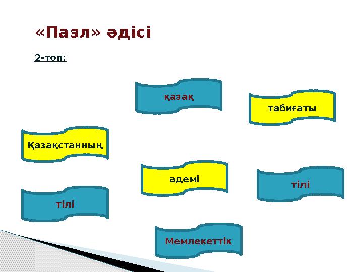«Пазл» әдісі 2-топ: Мемлекеттік тілі қазақ табиғаты тілі әдемі Қазақстанның