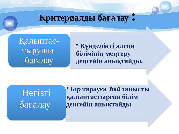 Критериалды бағалау : • Күнделікті алған білімінің меңгеру деңгейін анықтайды. Қалыптас- тырушы бағалау • Бір та