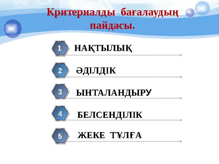 НАҚТЫЛЫҚ1 2 3 4 5 Критериалды бағалаудың пайдасы. ӘДІЛДІК ЫНТАЛАНДЫР У БЕЛСЕНДІЛІК ЖЕКЕ ТҰЛҒА5