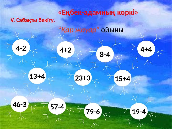 «Еңбек-адамның көркі» V. Сабақты бекіту. “Қар жауар” ойыны 4-2 4+2 8-4 4+4 13+4 23+3 15+4 46-3 57-4 79-6 19