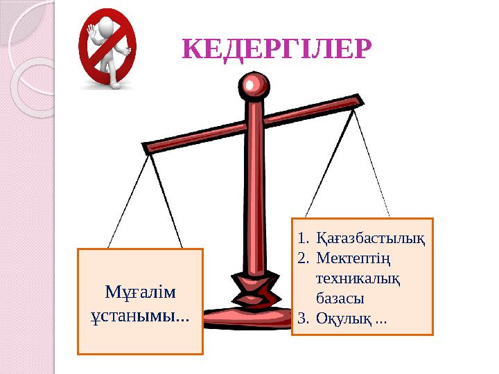 КЕДЕРГІЛЕР 1.Қағазбастылық 2.Мектептің техникалық базасы 3.Оқулық ... Мұғалім ұстанымы...