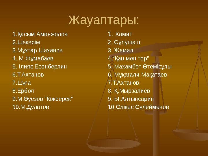 Жауаптары: 1.Қасым Аманжолов 2.Шәкәрім 3.Мұхтар Шаханов 4. М.Жұмабаев 5. Ілияс Есенберлин 6.Т.Ахтанов 7.Шұға 8.Ербол 9.М.Әуезов