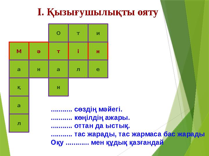 І. Қызығушылықты ояту М ә ніт а н н а О т л е и қ а л ........... сөздің мәйегі. ........... көңілдің ажары. ...