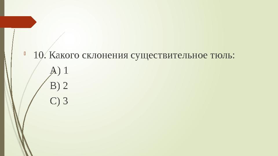  10. Какого склонения существительное тюль: А) 1 В)