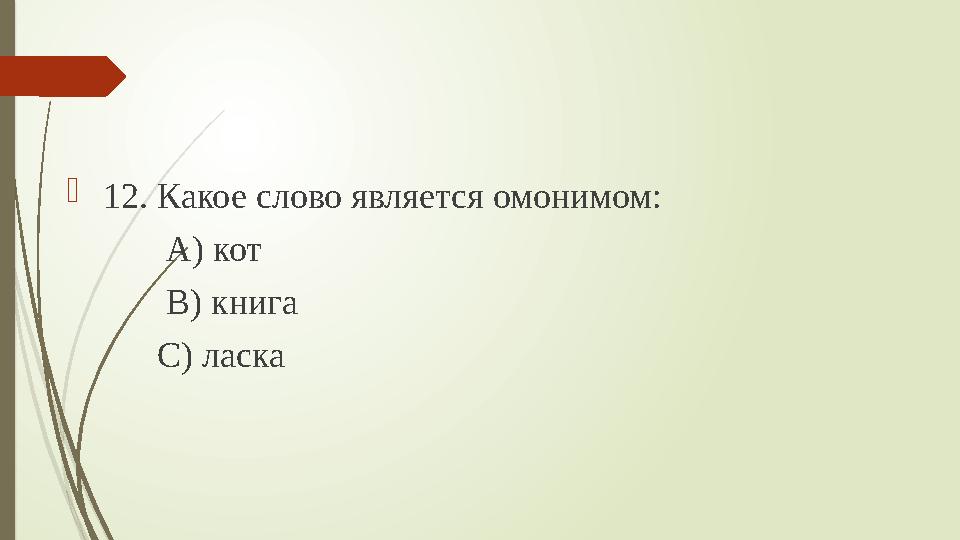  12. Какое слово является омонимом: А) кот В) книга