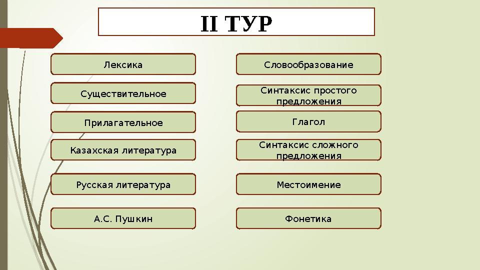 ІІ ТУР Лексика Существительное Прилагательное Казахская литература Русская литература А.С. Пушкин Глагол Синтаксис