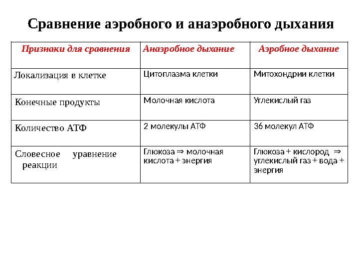 Сравнение аэробного и анаэробного дыхания Признаки для сравнения Анаэробное дыхание Аэробное дыхание Локализация в клетке Ци