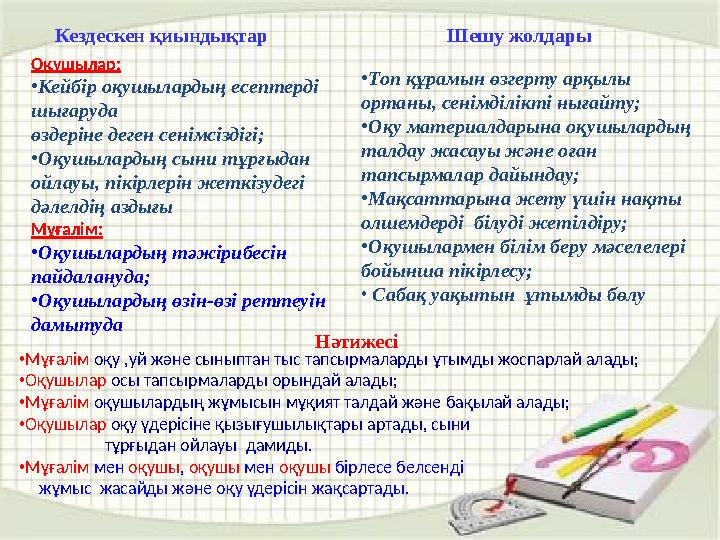•Мұғалім оқу ,уй және сыныптан тыс тапсырмаларды ұтымды жоспарлай алады; •Оқушылар осы тапсырмаларды орындай алады; •Мұғалім оқу