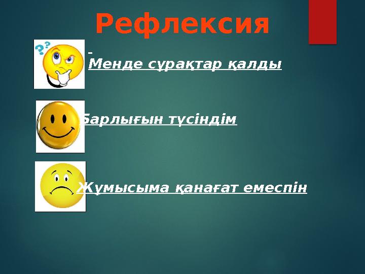 Менде сұрақтар қалды Барлығын түсіндім Жұмысыма қанағат емеспін Рефлексия