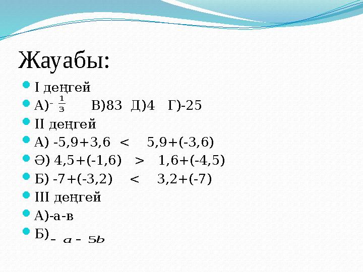 Жауабы: І деңгей А) В)83 Д)4 Г)-25 ІІ деңгей А) -5,9+3,6 < 5,9+(-3,6) Ә) 4,5+(-1,6) > 1,6+(-4,5) Б) -7+(-