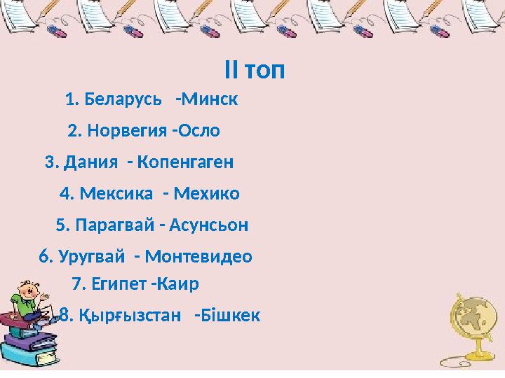 1. Беларусь -Минск ІІ топ 2. Норвегия -Осло 5. Парагвай - Асунсьон 6. Уругвай - Монтевидео 7. Египет -Каир 8.