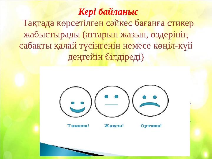 Кері байланыс Тақтада көрсетілген сәйкес бағанға стикер жабыстырады (аттарын жазып, өздерінің сабақты қалай түсінгенін не