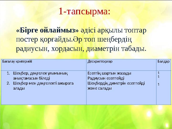 1-тапсырма: «Бірге ойлаймыз» әдісі арқылы топтар постер қорғайды.Әр топ шеңбердің радиусын, хордасын, диаметрін табады. Бағ