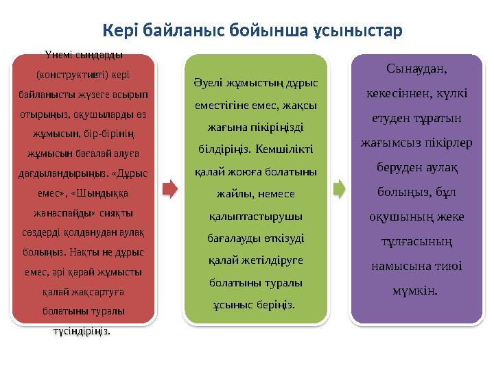 Кері байланыс бойынша ұсыныстар Үнемі сындарды (конструктивті) кері байланысты жүзеге асырып отырыңыз, оқушыларды өз жұмысы