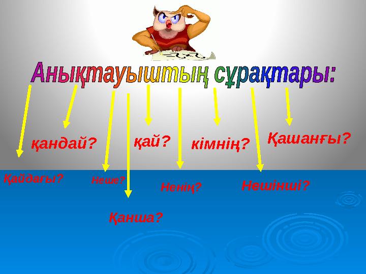 қандай? қай? кімнің? Ненің? Неше? Нешінші? Қанша? Қайдағы? Қашанғы?