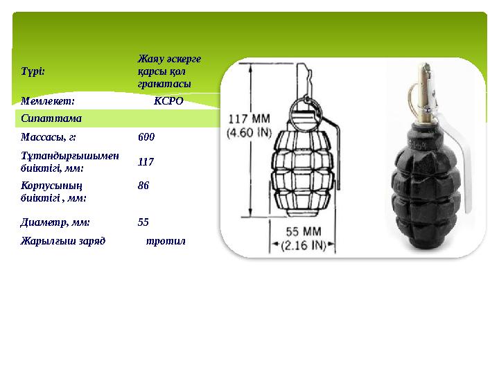 Түрі: Жаяу әскерге қарсы қол гранатасы Мемлекет: КСРО Сипаттама Массасы, г: 600 Тұтандырғышымен биіктігі, мм: 117 Кор