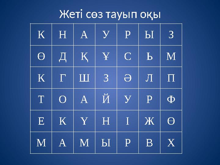 Жеті сөз тауып оқы КНАУРЫЗ ӨДҚҰСЬМ КГШЗӘЛП ТОАЙУРФ ЕКҮНІЖӨ МАМЫРВХ