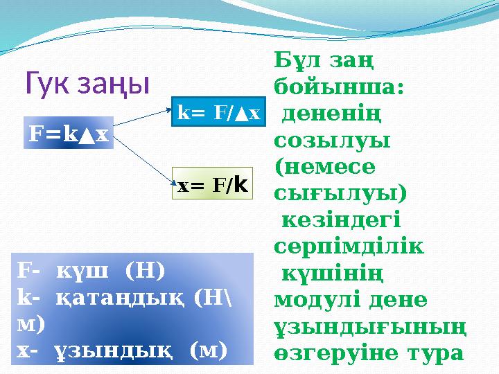 Гук заңы F=k▲x k= F/▲x x= F/k F- күш (Н) k- қатаңдық (Н\ м) x- ұзындық (м) Бұл заң бойынша: дененің созылуы (немесе