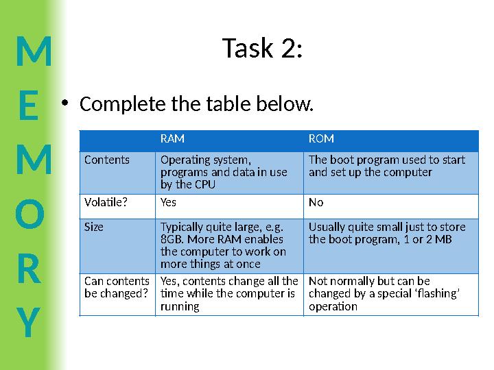 M E M O R Y Task 2: •Complete the table below. RAM ROM Contents Operating system, programs and data in use by the CPU The b