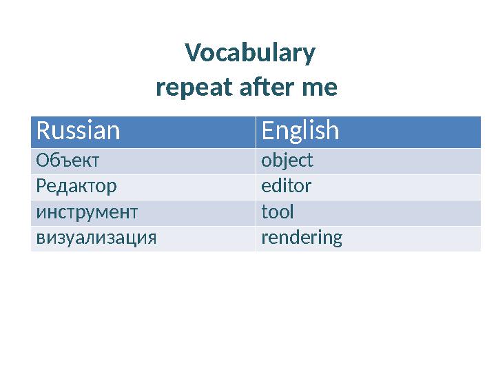 Vocabulary repeat after me Russian English Объект object Редактор editor инструмент tool визуализация rendering