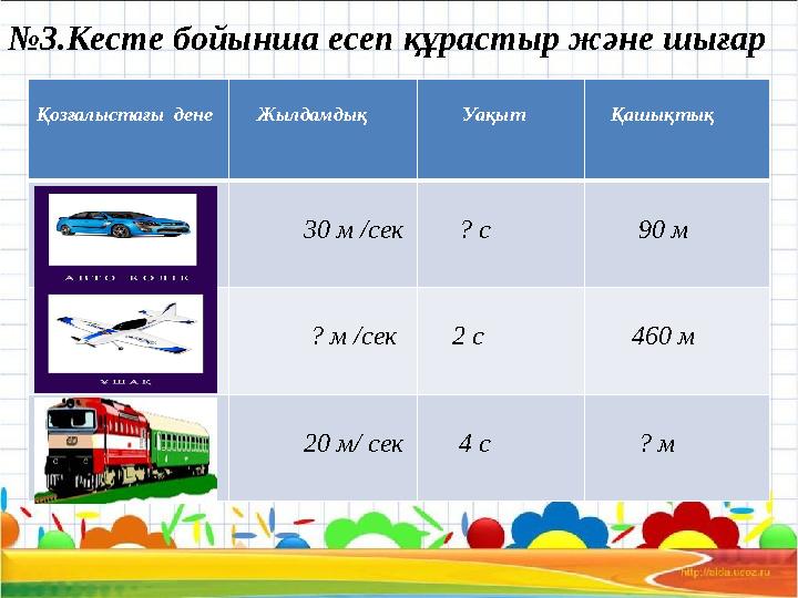 №3.Кесте бойынша есеп құрастыр және шығар Қозғалыстағы дене Жылдамдық Уақыт Қашықтық 30 м /сек ? с