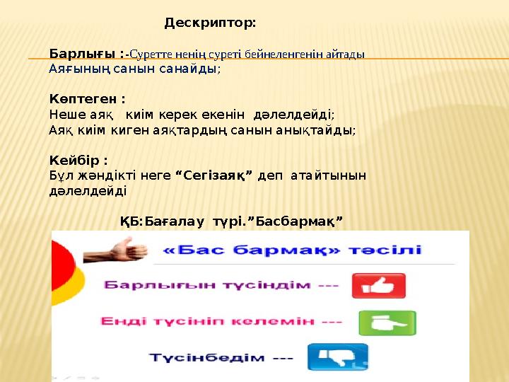 Дескриптор: Барлығы :-Суретте ненің суреті бейнеленгенін айтады Аяғының санын санайды; Көптеген : Неше аяқ киім керек екенін