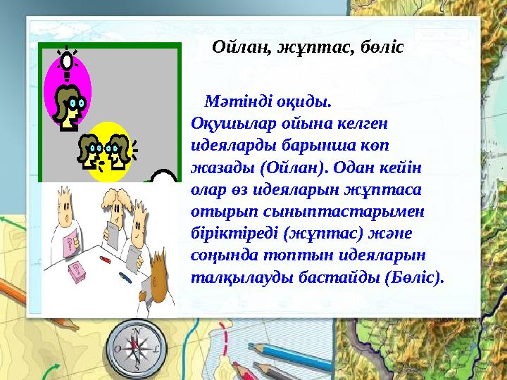 Ойлан, жұптас, бөліс Мәтінді оқиды. Оқушылар ойына келген идеяларды барынша көп жазады (Ойлан) . Одан кейін олар өз иде