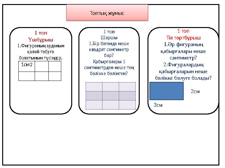 1 топ Үшбұрыш 1.Фигураның ауданын қалай табуға болатынын түсіндір. 1 топ Шаршы 1.Бір бағанда неше квадрат сантиметр бар? Қаб