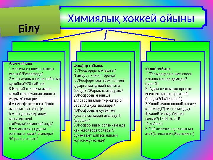 Химиялық хоккей ойыны Азот тобына. 1.Азотты ең алғаш ашқан ғалым?/Резерфорд/. 2.Азот ауаның неше пайызын құрайды?/78 пайыз/.