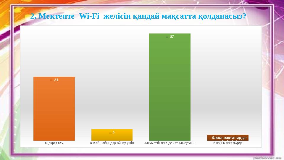 2. Мектепте Wi-Fi желісін қандай мақсатта қолданасыз? ақпарат алу онлайн ойындар ойнау үшін әлеуметтік желіде хат алысу үшін б