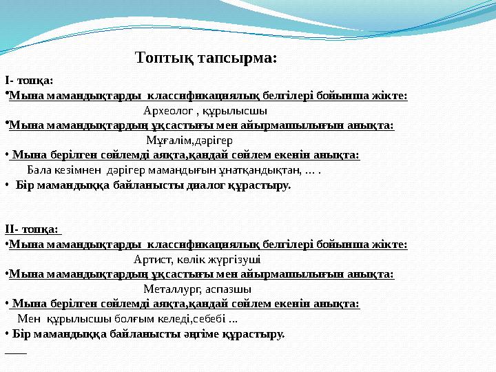 Топтық тапсырма: І- топқа: • Мына мамандықтарды классификациялық белгілері бойынша жікте: