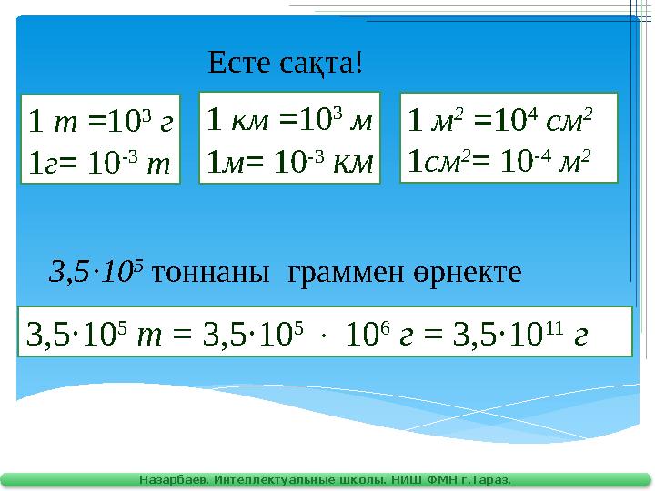 Назарбаев. Интеллектуальные школы. НИШ ФМН г.Тараз. 3,5·10 5 тоннаны граммен өрнекте 3,5·10 5 т = 3,5·10 5  10 6 г =