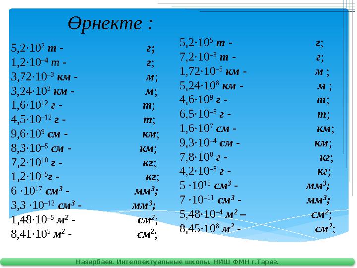 Назарбаев. Интеллектуальные школы. НИШ ФМН г.Тараз. Өрнекте : 5,2·10 2 т - г; 1,2·10 –4 т -