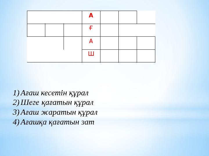 А Ғ А Ш 1)Ағаш кесетін құрал 2)Шеге қағатын құрал 3)Ағаш жаратын құрал 4)Ағашқа қағатын зат