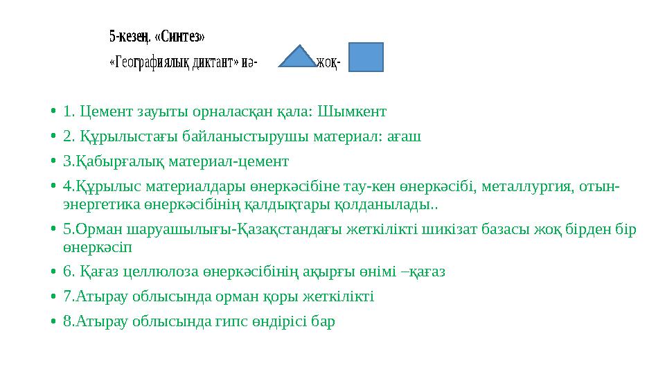 5-кезең. «Синтез» «Географиялық диктант» иә- жоқ- •1. Цемент зауыты орналасқан қала: Шымкент •2. Құрылыстағы байланыстырушы ма