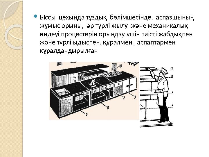  Ыссы цехында тұздық бөлімшесінде, аспазшының жұмыс орыны, әр түрлi жылу және механикалық өңдеуi процестерiн орындау үшi