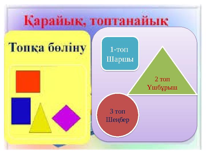 1-топ Шаршы 2 топ Үшбұрыш 3 топ Шеңбер